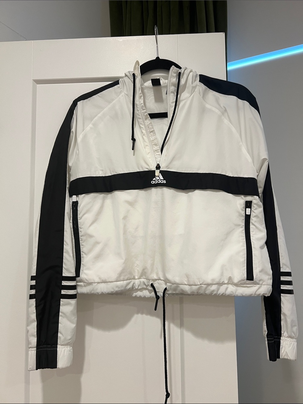 adidas White and Black Pullover Windbreaker with Hood